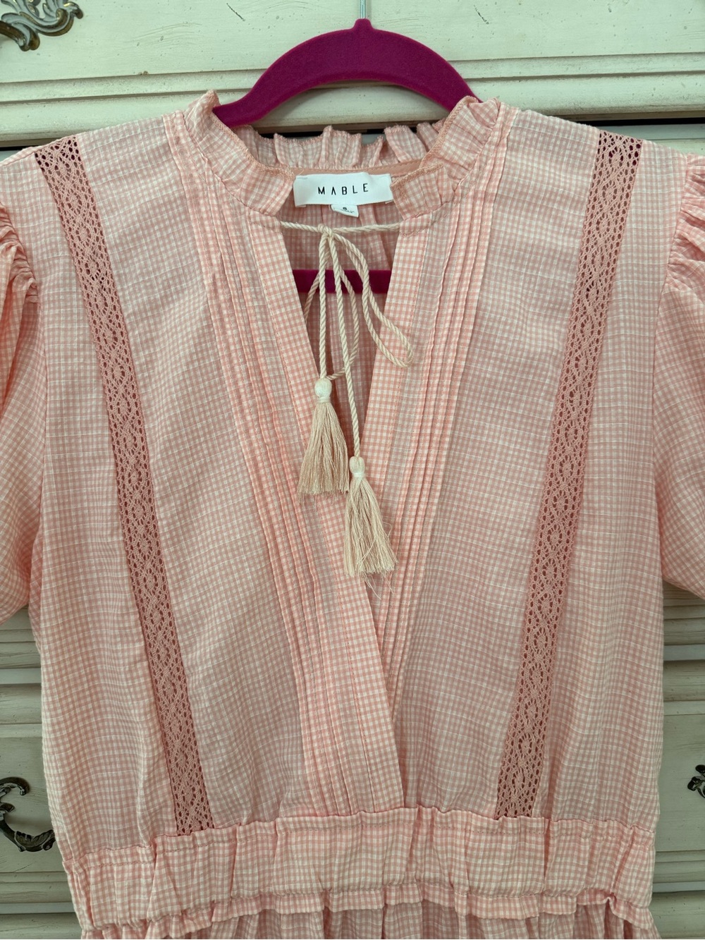 Pink Ruffle Tiered Romantic Mini Dress with Puff Sleeves Size Small - Picture 6 of 7